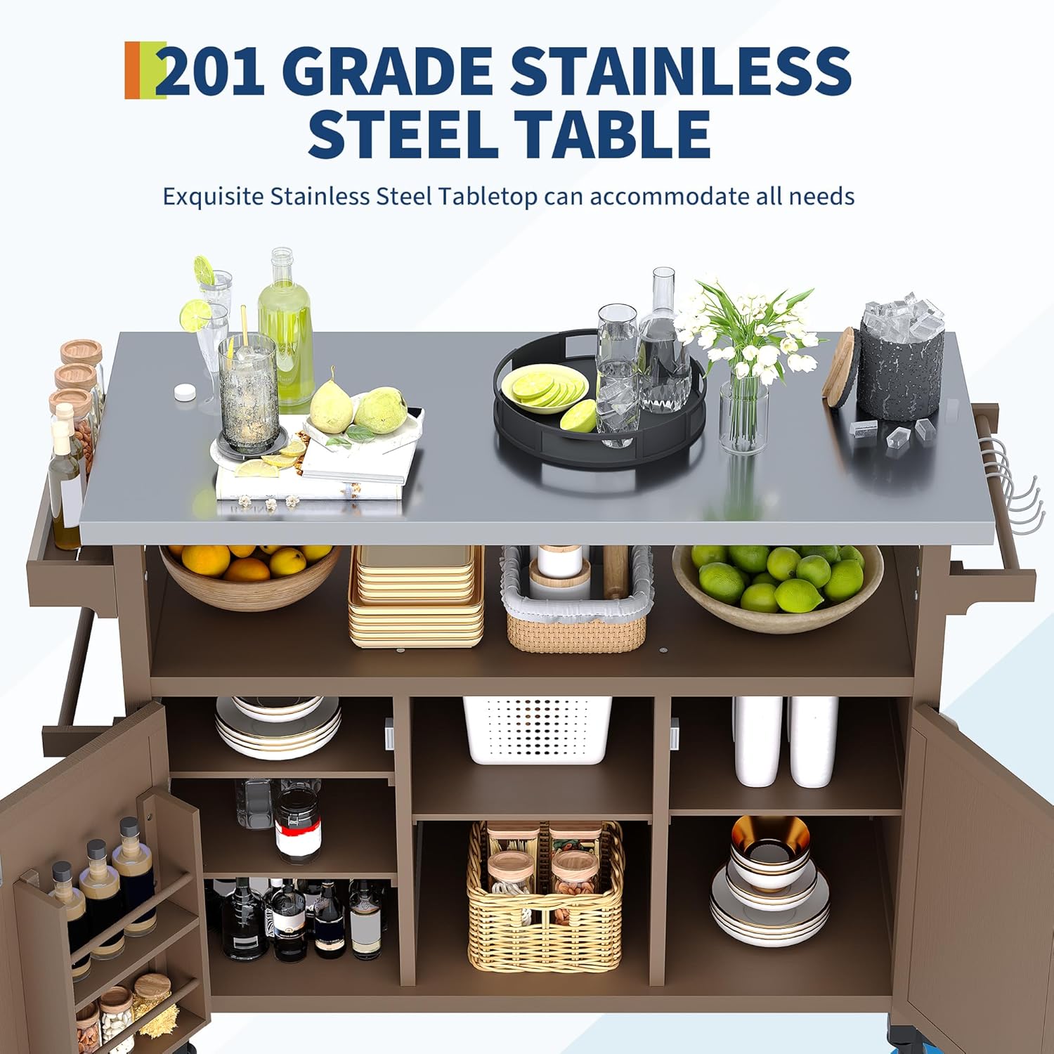 Outdoor Grill Cart with Storage Cabinet, Wood Outdoor Kitchen Island on Wheels, Grill Cart Table with Stainless Steel Table Top, Spice Rack, Towel Rack & Lockable Wheels for Kitchen,BBQ, Coffee