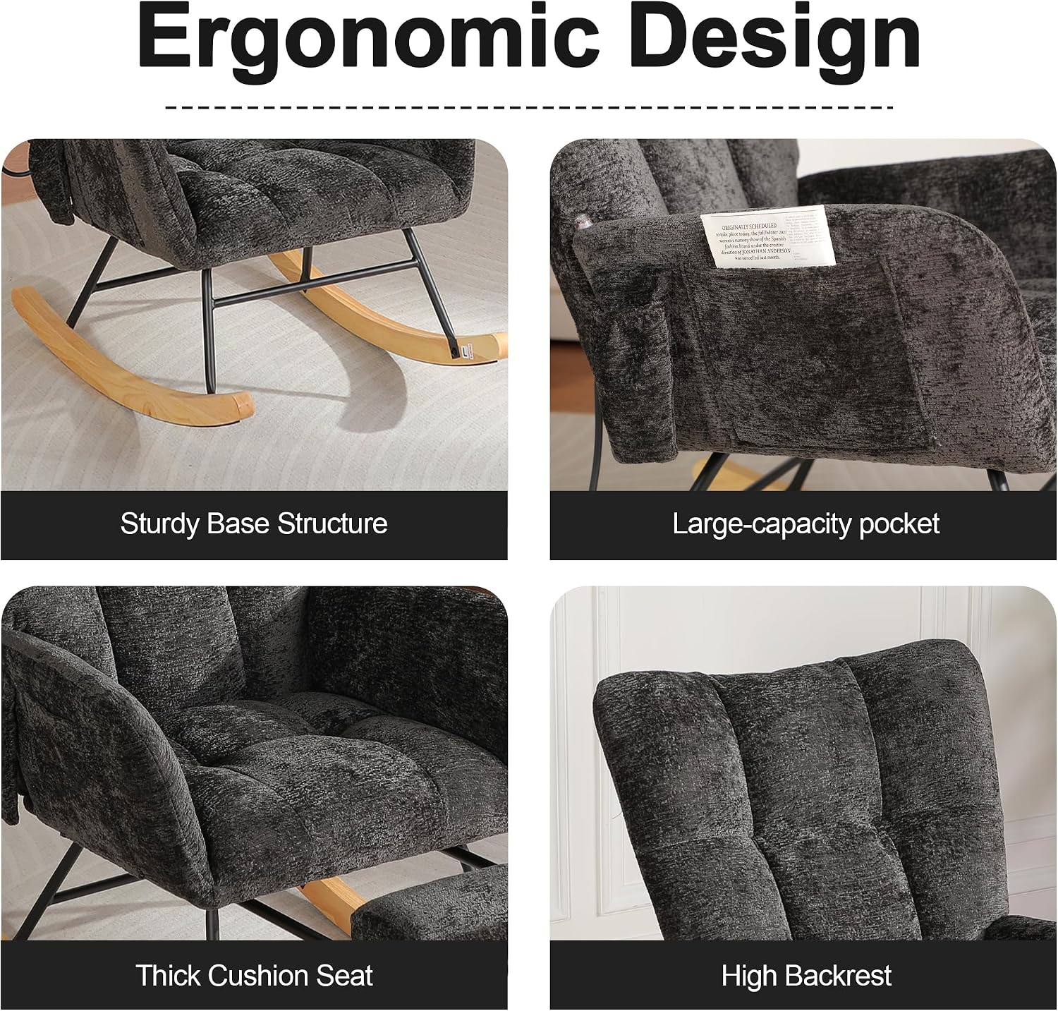 Rocking Chair Nursery with Airbag, Comfy Modern Nursery Rocking Reading Chair Indoor, Cozy Upholstered Glider Rocker Chairs with High Backrest for Living Room Bedroom Offices(Chenille, Black)