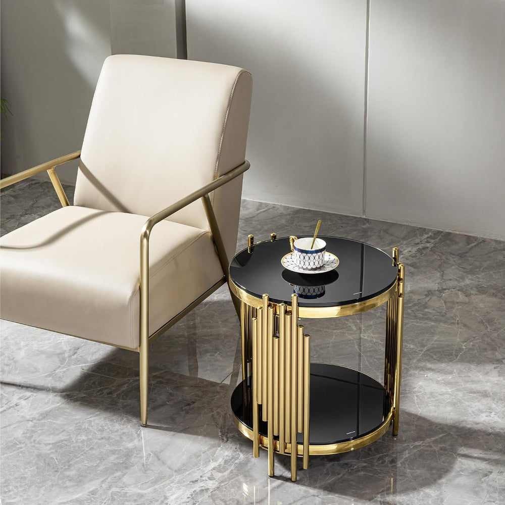 Gold Black End Table with Golden Stainless Steel Frame,Modern Glass Bedside N...