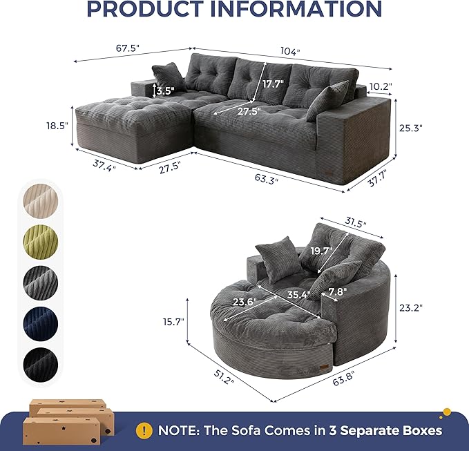 MAXYOYO L Shape Sectional Sofa Couch and Round Chaise Lounge, Modern Cloud Couch with Ottoman, Comfy Sofa with Layered Cushion, Tufted Upholstered Sleeper Chair for Living Room, No Assembly Required