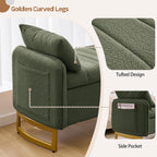 66'' King Size Storage Bench for Bedroom, Teddy Boucle End of Bed Benches for Foot of Bed, Storage Ottoman Bench with Golden Legs and Pockets for Living Room Window Entryway, Green