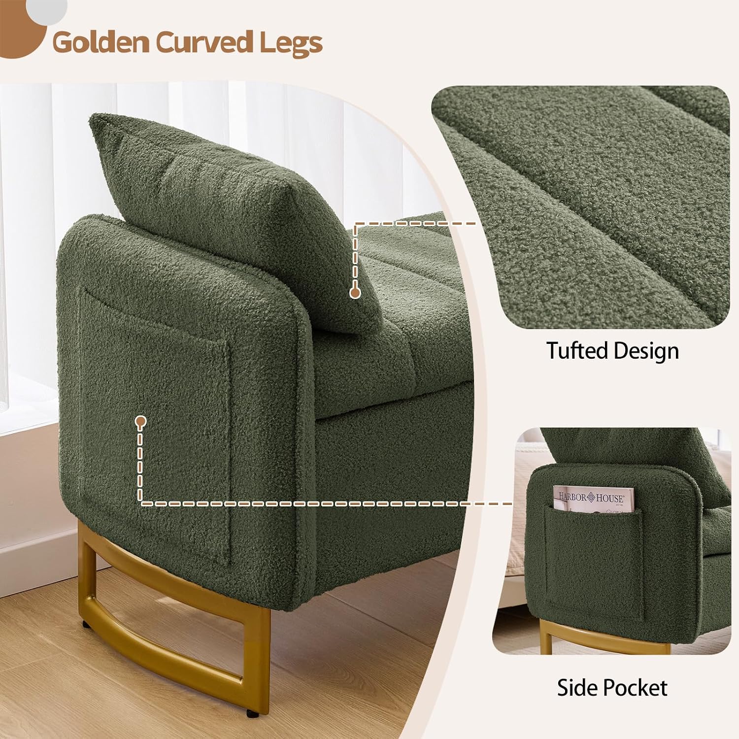 66'' King Size Storage Bench for Bedroom, Teddy Boucle End of Bed Benches for Foot of Bed, Storage Ottoman Bench with Golden Legs and Pockets for Living Room Window Entryway, Green