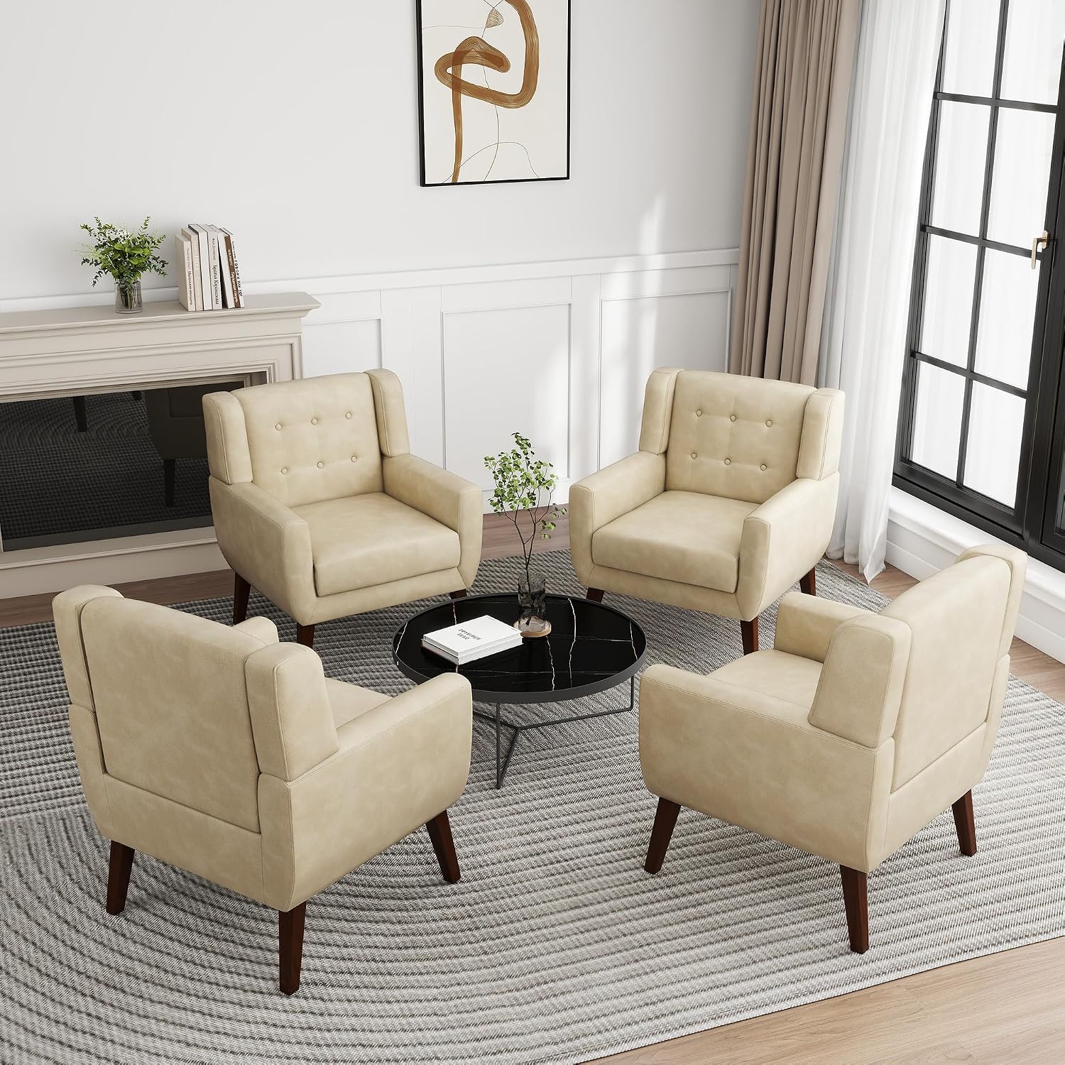 PU Leather Accent Chairs Set of 2, Upholstered Armchair, Cream | Mid Century Modern Living Room Chair, Button Tufted Wingback Chair with Removable Cushion, Bedroom Side Reading Seat