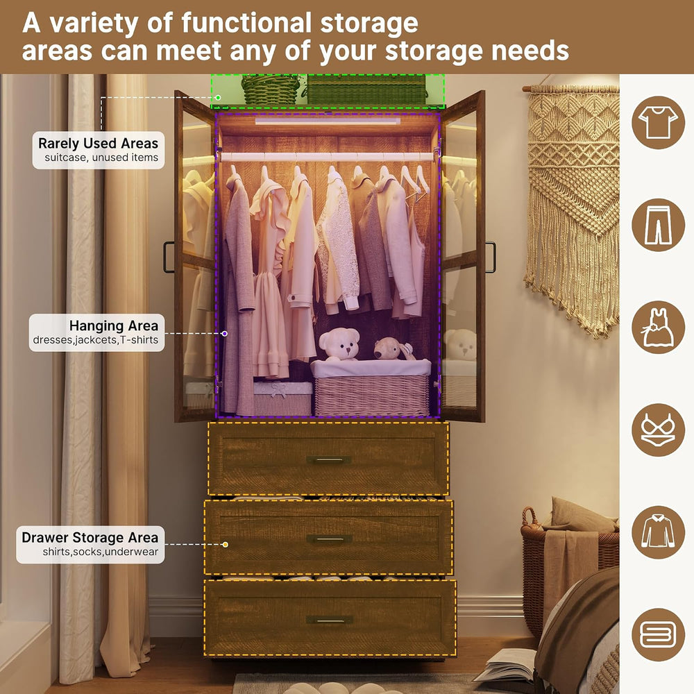 75" Tall Farmhouse 2 Doors Armoire Wardrobe Closet with 3 Drawers and LE...