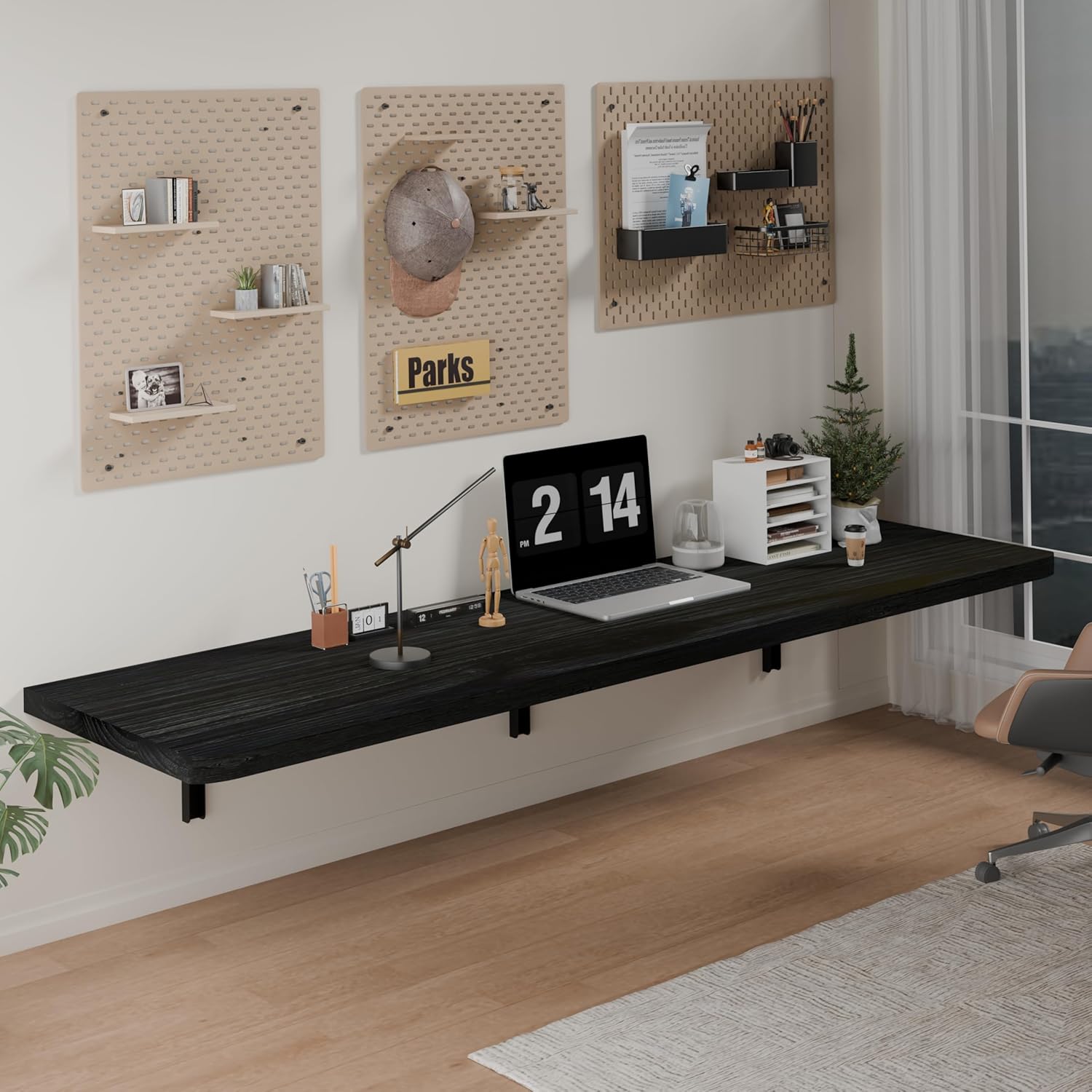 IAE Wall Mounted Folding Table with Pine Wood,60" x 16" Floating Wall Desk,Laundry Folding Table with Shelf Brackets,Fold Down Desk Shelf,Folding Workbench for Home,Dining,Laundry Room,Kitchen,Black