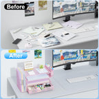 gianotter Desk Organizers and Accessories with File Holder, 4-Tier Desk Accessories & Workspace Organizers with Drawer and 2 Pen Holder, Paper Organizer for Office Supplies (Pink)