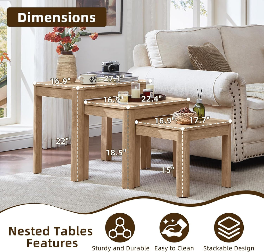 Joaxswe Farmhouse Nesting Tables Set of 3, Nesting Side Tables with Rounded Corners & 4 Thickened Table Legs, Natural Wood
