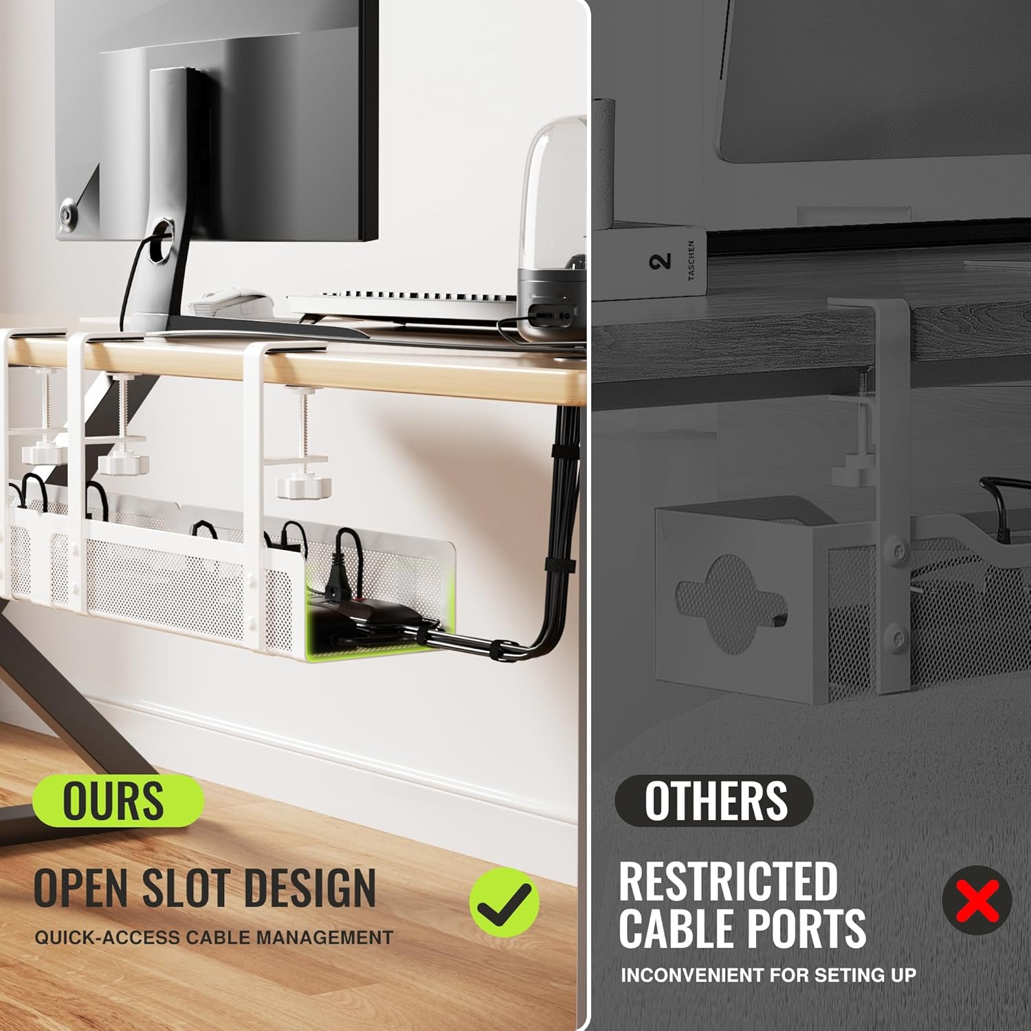 [Upgraded] 2 Pack Cable Management Under Desk Tray, Xpatee 27.6" No Drill Open Slots Cable Management Tray, Cord Wire Organizer Box with Clamp for Table Thickness up to 3" - No Desk Damage(White)