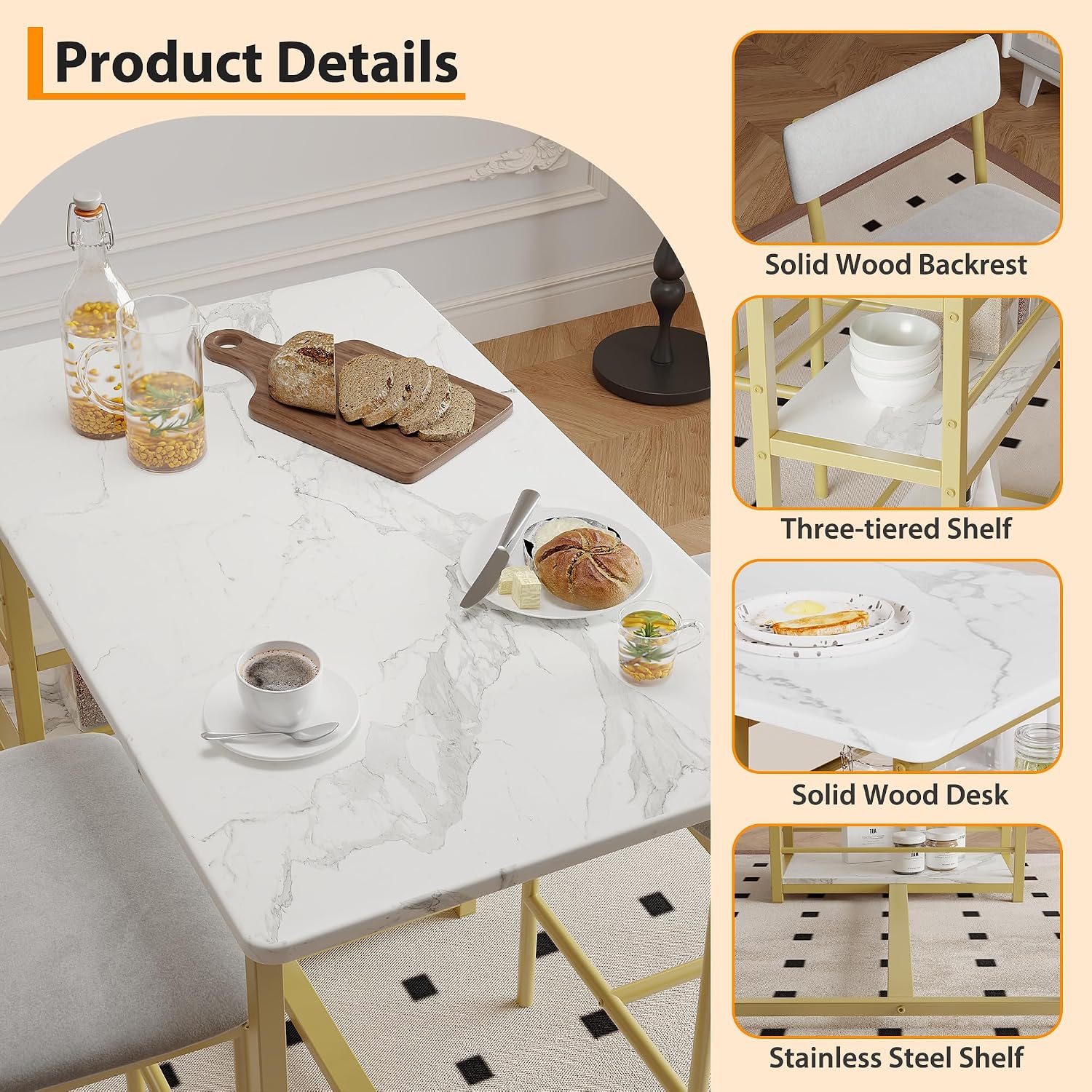 Dining Table Set for 2, Counter Height Kitchen Table and Chairs, Bar Table Set with 2 Upholstered Bar Stools, 3 Piece Dining Room Table Set for Small Space, Apartment, Gold