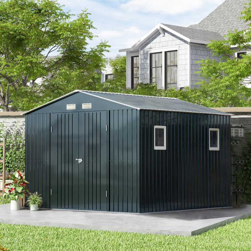 Breezz Outdoor Storage Shed 10 x 10 ft. Utility Tool Shed Metal Storage Garden Shed with Lockable Doors, Windows for Patio Storage,Nightblue