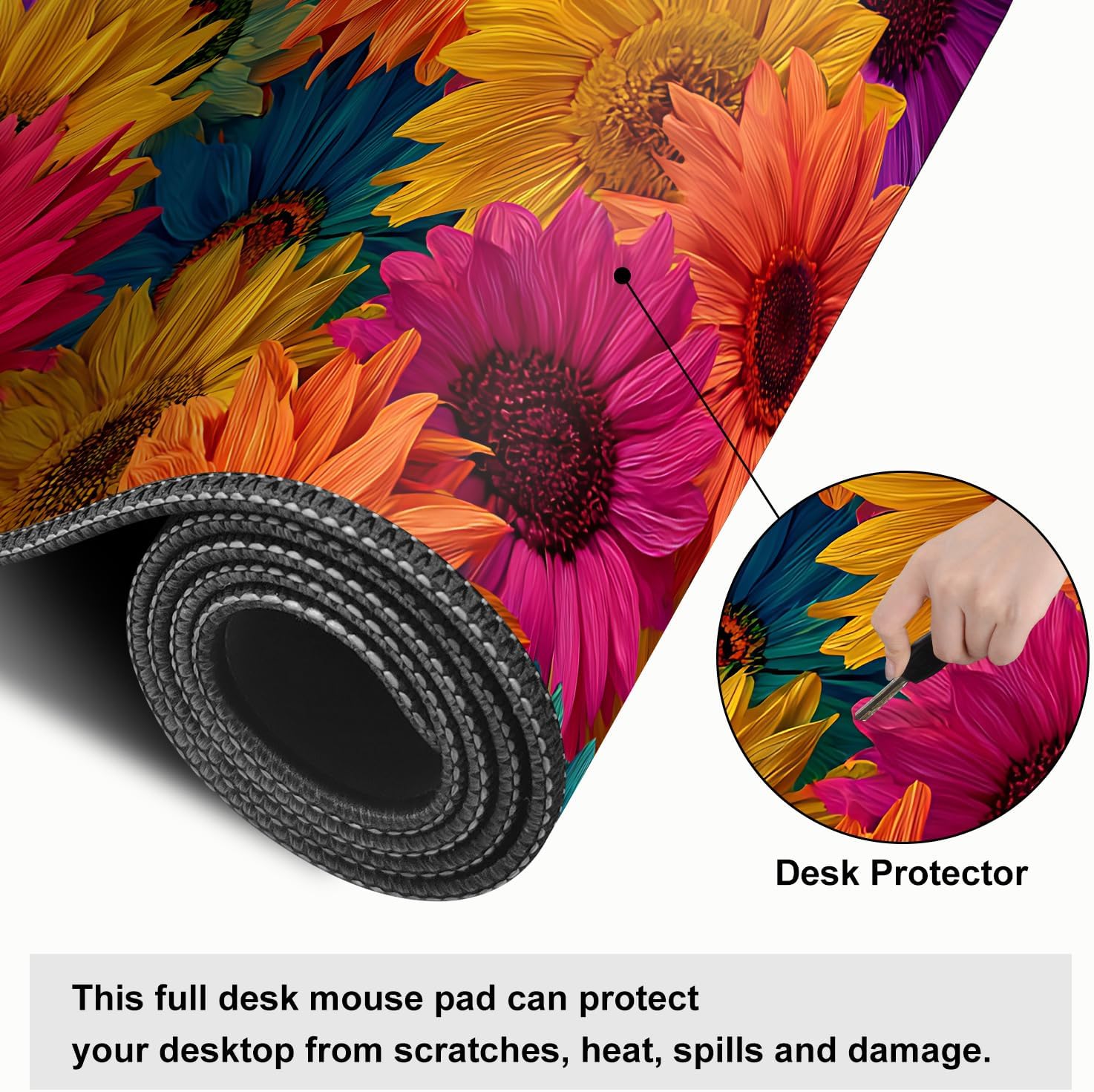 Colorful Floral Mouse Pad – Large Extended Desk Mat 31.5 x 11.8 in– Bright Rainbow Sunflower Design, Non-Slip Rubber Base, Waterproof Surface, Oversized Keyboard & Mouse Pad for Office or Gaming