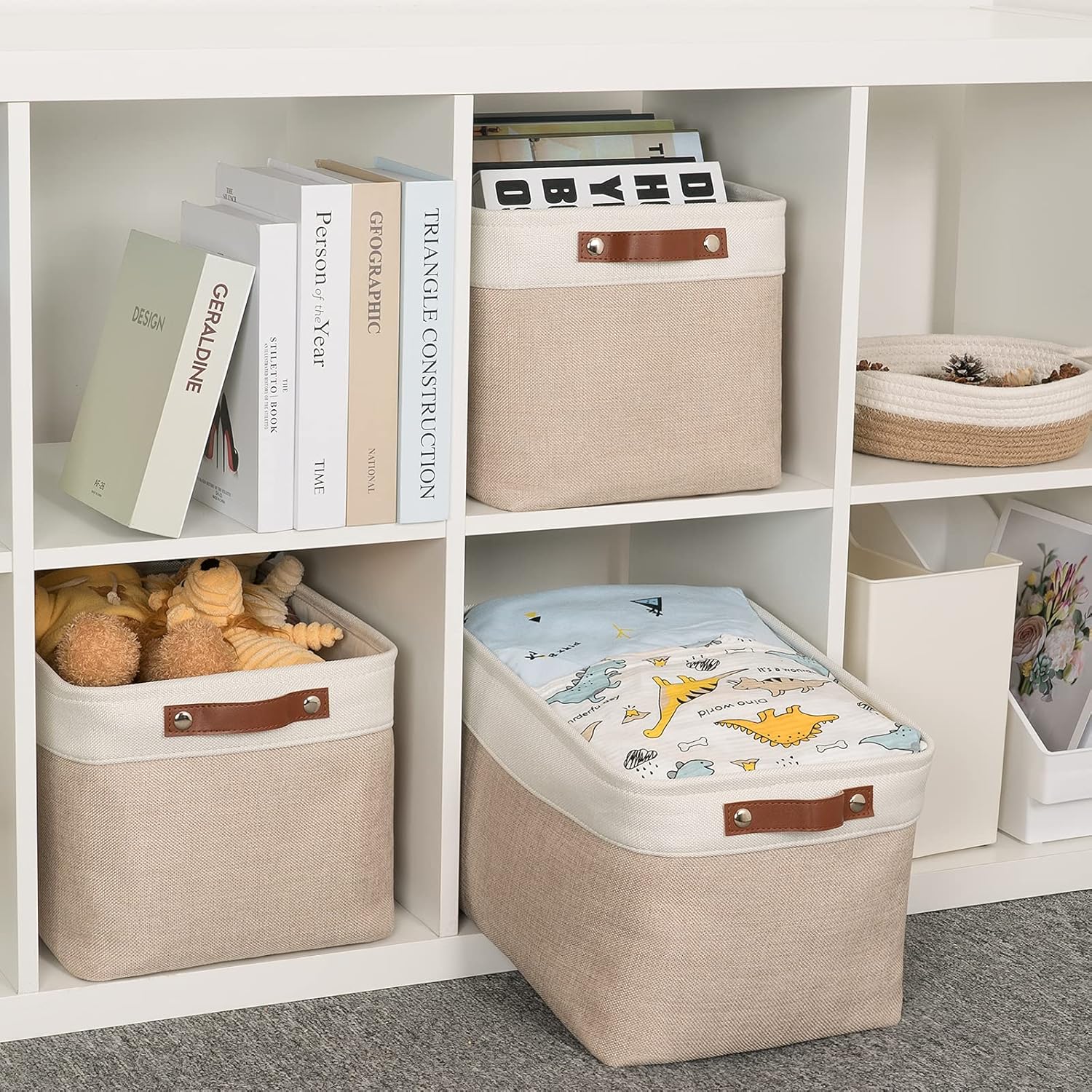 HNZIGE Fabric Storage Baskets for Shelves, Large Collapsible Storage Baskets for Organizing, Decorative Baskets Bins Set with Handles for Closet, Clothes,Home (3 Pack, White&Khaki,15" x 11" x 9.5")