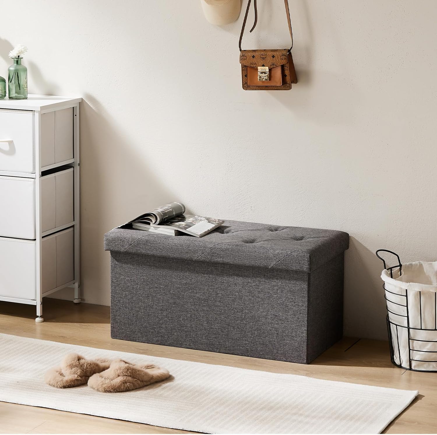 NEWBULIG 30 Inches Folding Storage Ottoman Bench with Padded Seat for Bedroom, Small End of Bed Foot Rest Stools Storage Chest, Living Room, Pure Grey.