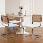 Dining Chairs Set of 2, Modern Rattan Kitchen Chairs, Mid Century Modern Design, Polished Chrome Frame, Upholstered Seat, White
