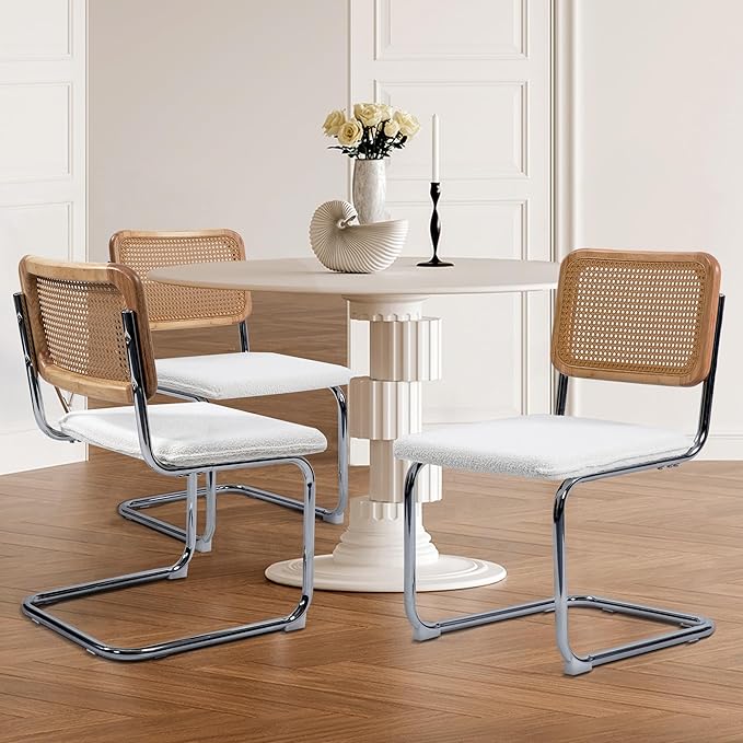 Dining Chairs Set of 2, Modern Rattan Kitchen Chairs, Mid Century Modern Design, Polished Chrome Frame, Upholstered Seat, White