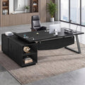 70.3 in L Shaped Executive Desk with Power Outlets, Large Home Office Desk with Storage Drawers & File Cabinet, Modern Computer Desk with Shelves, Black Business Furniture, Square Metal Legs, Black