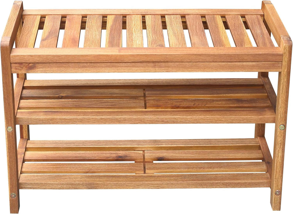 27-Inch Wooden Shoe Bench for Entryway, 3-Tier Storage Organizer, Rustic Shoe...