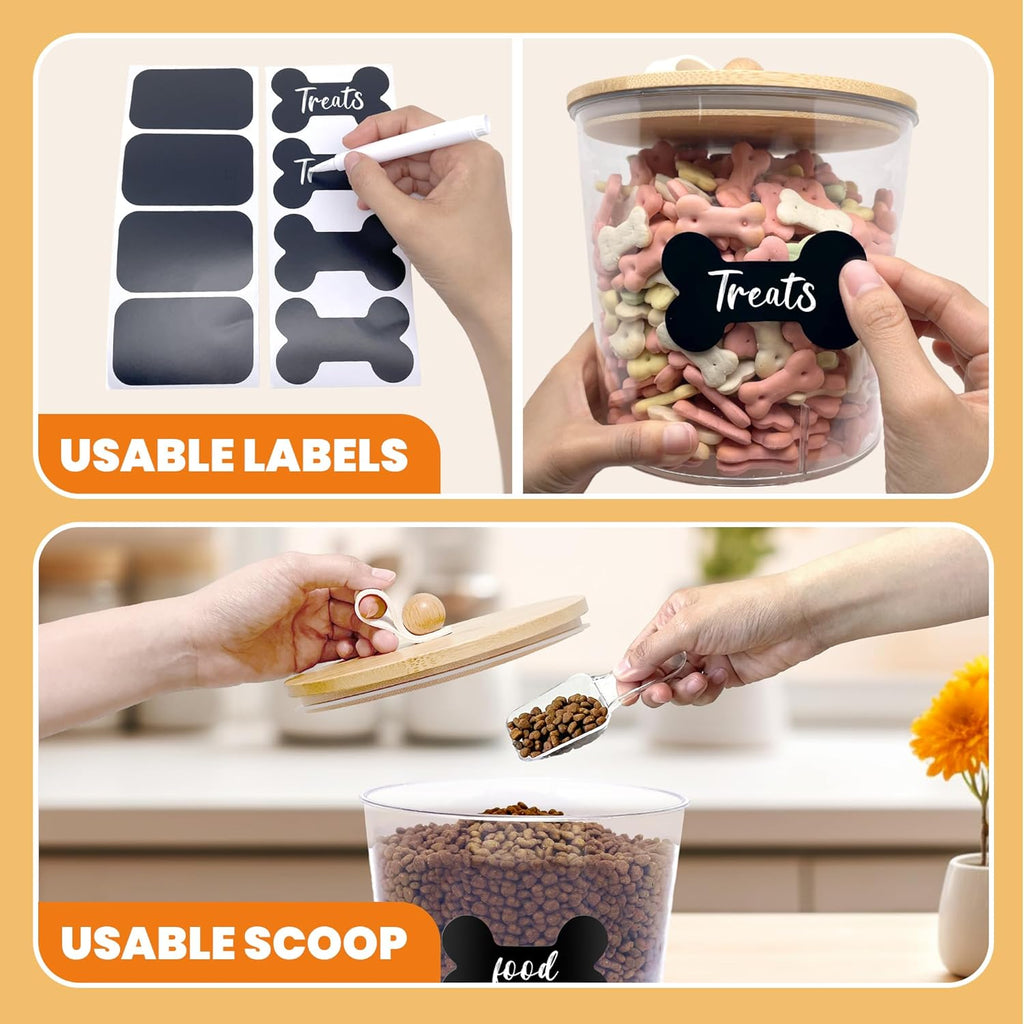 3 Pack Airtight Dog Food Storage Container, Dog Treat Container Dog Food Containers with Bamboo Lids 8x7''&6x5'',Pet Food Storage Container,Cat Food Container with Scoops,Clamp,Labels,Pen