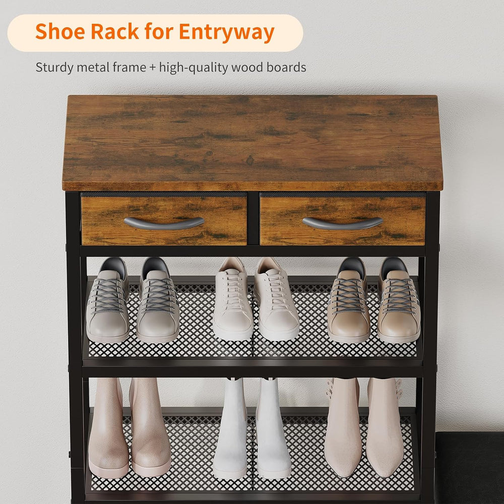 HavenlyYouth Shoe Rack Bench Cushioned with 2 Drawers & 5-Tier Entryway O...