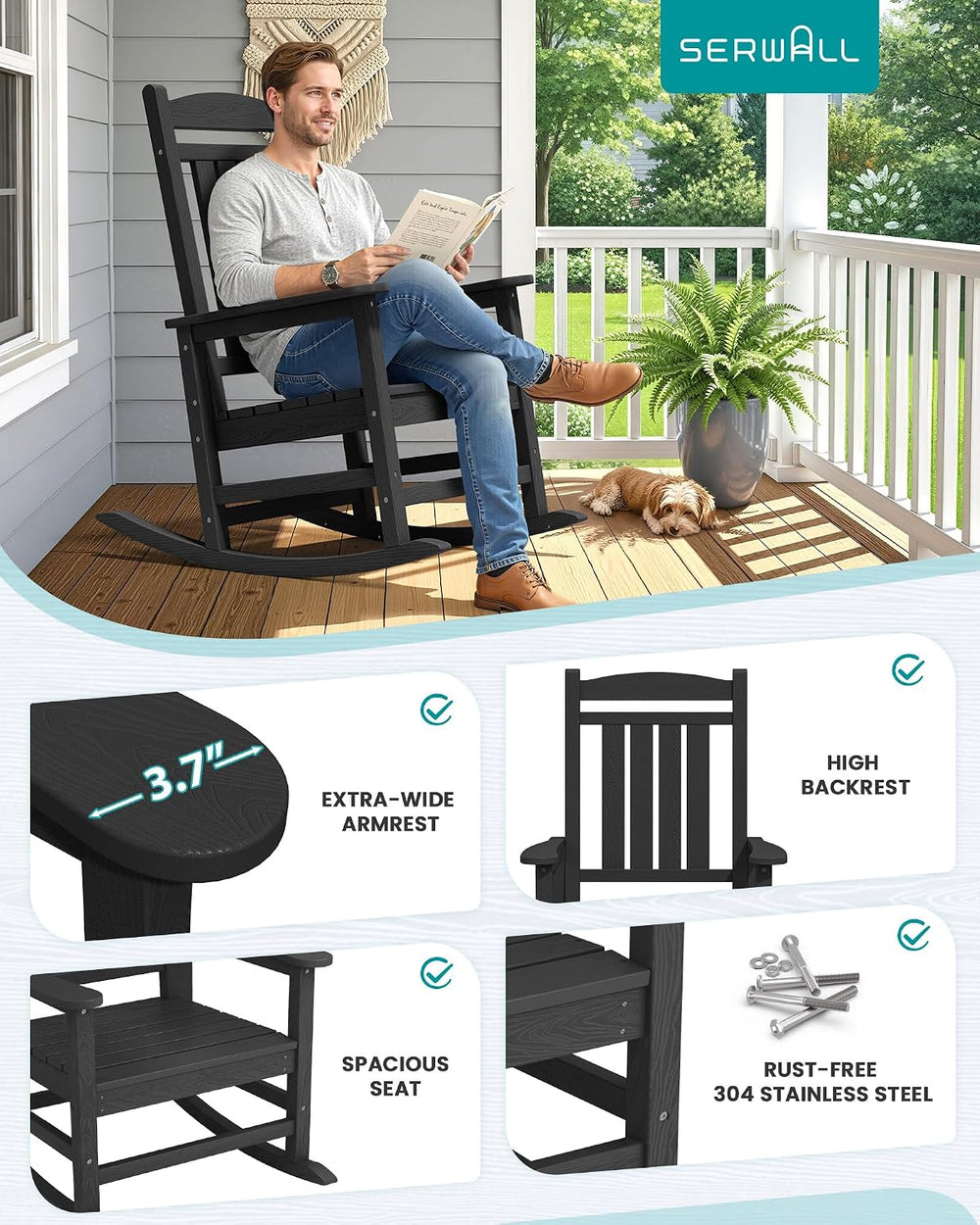 SERWALL Oversized HDPE Outdoor Rocking Chair Set of 2, Patio Rocking Chairs, ...