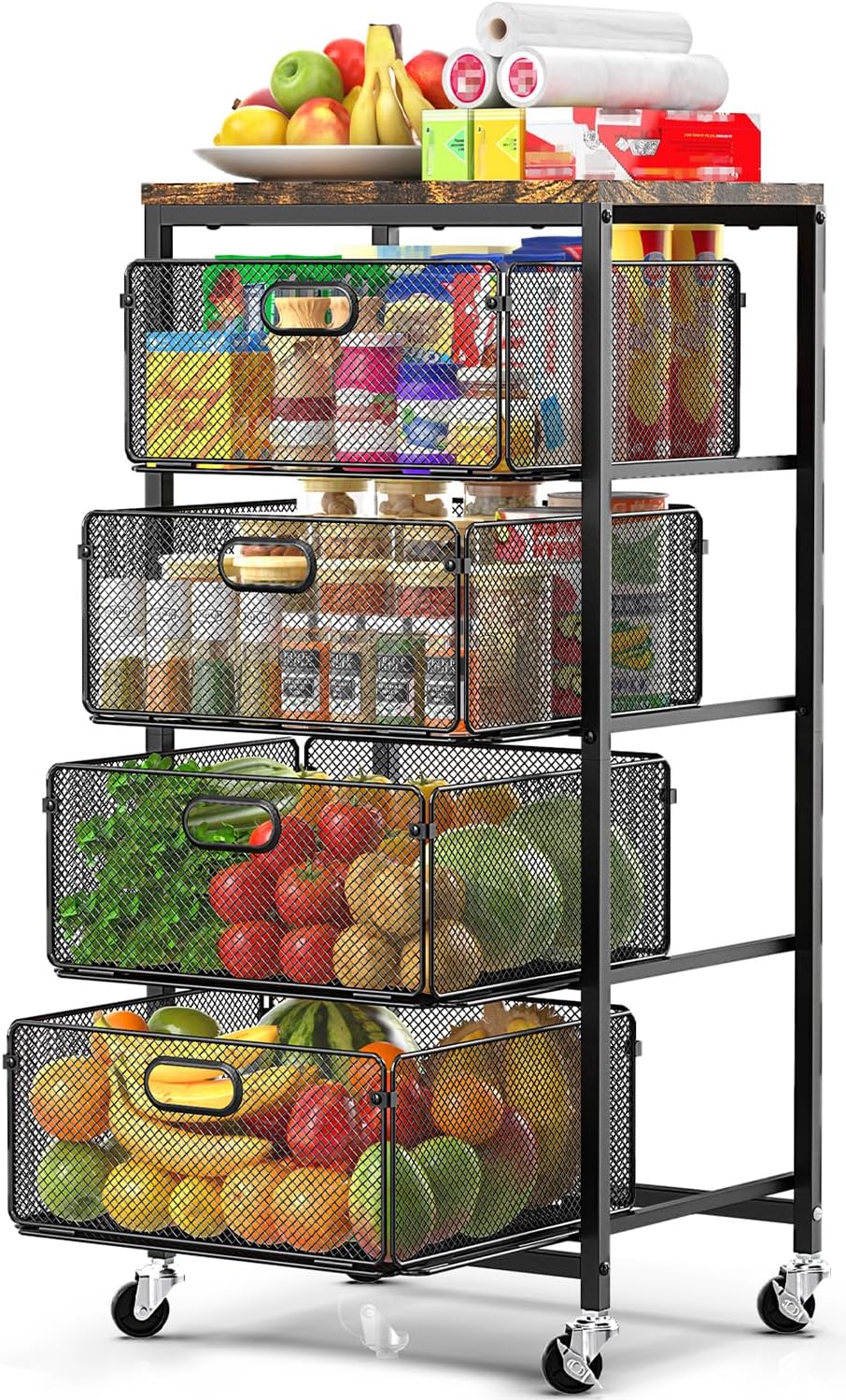 SUNALLY Rolling Kitchen Cart with Drawers, 4-Tier Utility Cart Fruit Vegetabl...