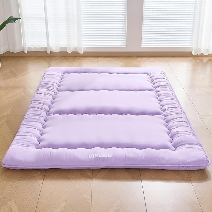 Japanese Floor Futon Mattress 25D Queen Size 60"x 80", 4" Thick Foldable Roll Up Bed Mat Designed by Japan, Breathable & Supportive Tatami Mat for Guest Room, Kids Space & Dorm, Purple