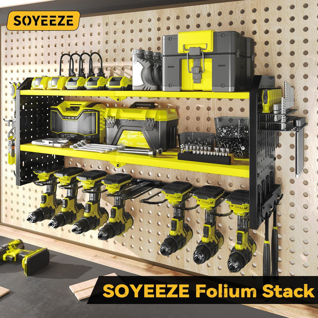 SOYEEZE Large Power Tool Organizer Wall Mount with Charging Station, 3 Layer Heavy Duty Metal Tool Storage Rack with 8 Drill Holder, Tool Holder Built in 8 Outlet Power Strip (Green)