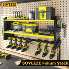 SOYEEZE Large Power Tool Organizer Wall Mount with Charging Station, 3 Layer Heavy Duty Metal Tool Storage Rack with 8 Drill Holder, Tool Holder Built in 8 Outlet Power Strip (Green)