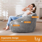 BYBYME Giant Bean Bag Chair for Adults and Kids, Large Comfy Cozy Beanbag, Floor Sofa for Teens, Living Room, Gaming, Reading, Grey