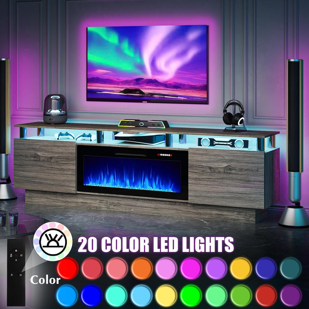 PRETZI 80" Modern Fireplace TV Stand with 36" Electric Fireplace for TVs Up to 90 inch, Luxury LED Light Entertainment Center with High Gloss Cabinet (Grey + Silver Post, 80 inches)