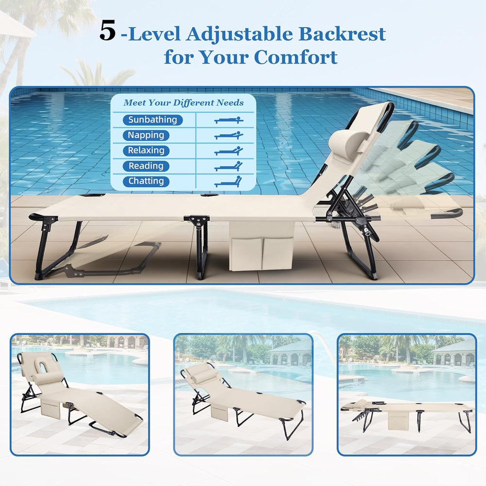 3-in-1 Sun Tanning Chair with Face Holes, Folding Chaise Lounge Chairs, 5-Pos...