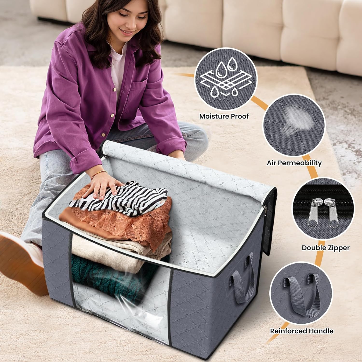Fab totes 24 Gallons Clothes Storage, Foldable Thick Fabric Blanket Storage Bags, Containers for Organizing Bedroom, Closet, Clothing, Comforter, Organization with Handle (6 Pack,Grey)