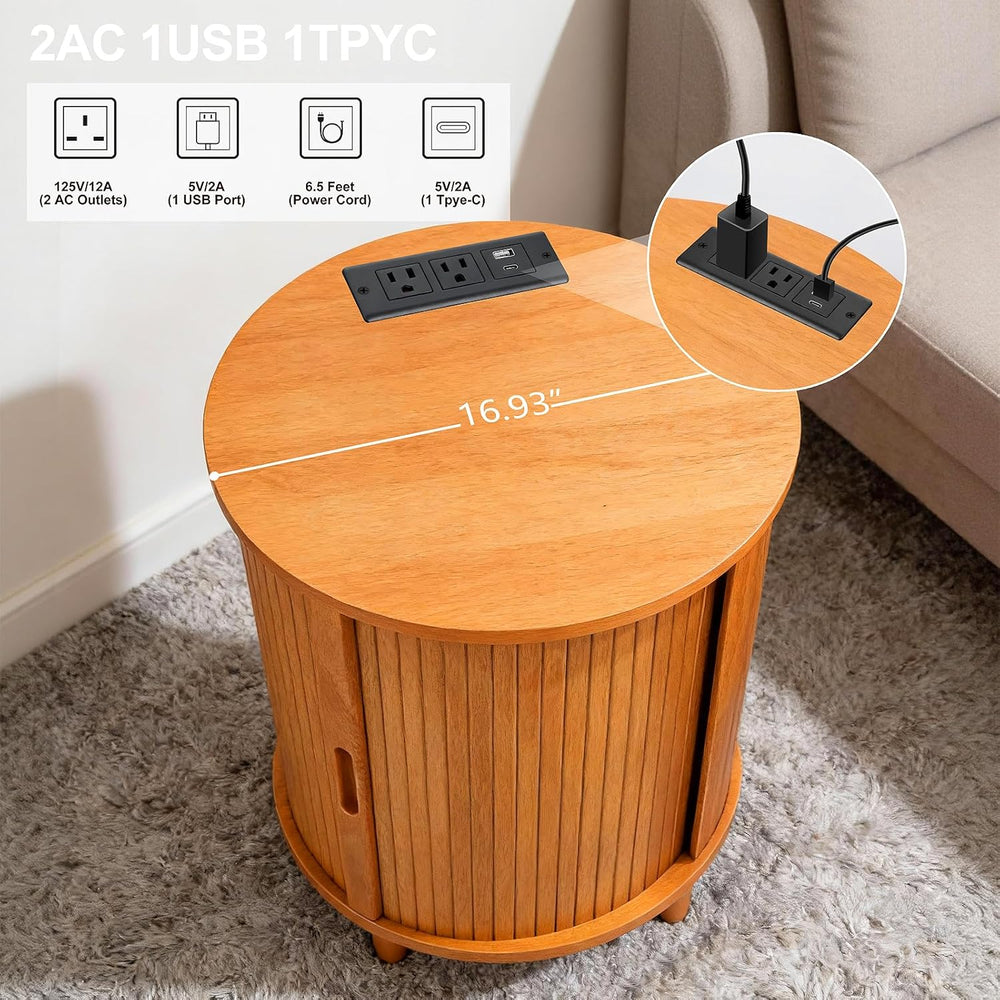 DHH Round End Table with Storage & Charging Station, Fluted Accent Side T...