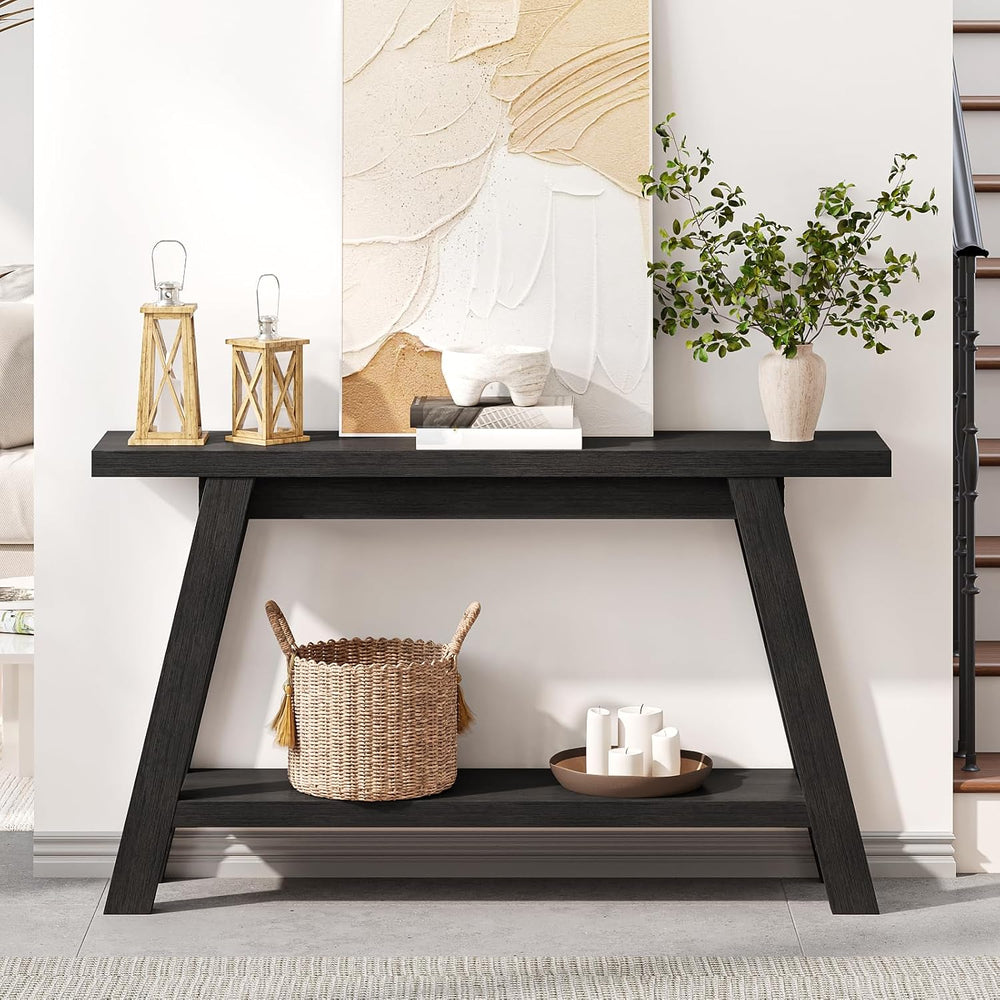 Black Console Table, 55Inch Entryway Console Tables 2-Tier Narrow Wood Consol...