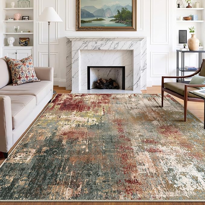 Washable Area Rugs 6'x9' Non-Slip Modern Abstract Soft for Living Room Entryway Bedroom Nursery, Print Pattern, Brown Rust Red Multi