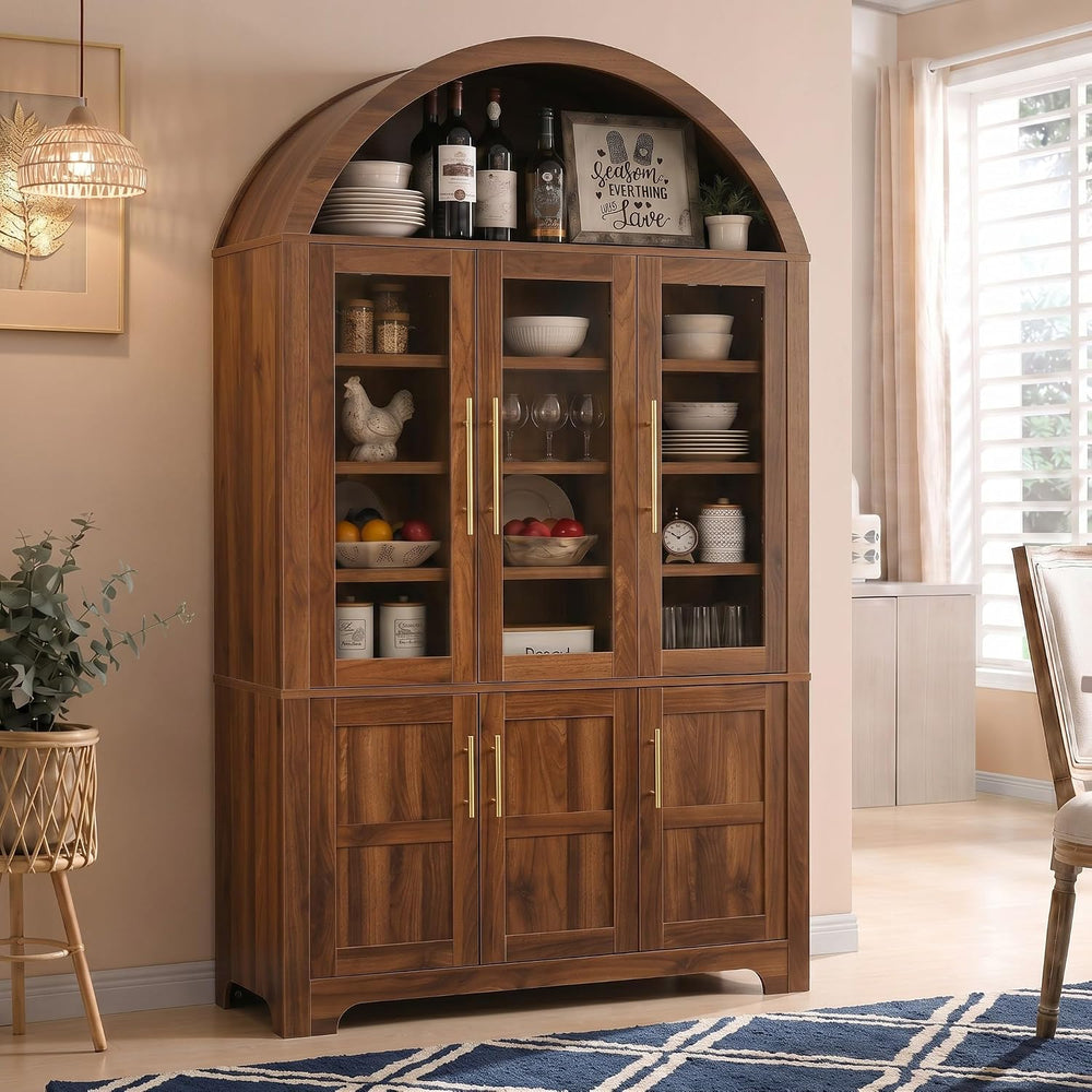 73" Tall Arched Kitchen Pantry with Three Glass Doors,Door Shelves &...