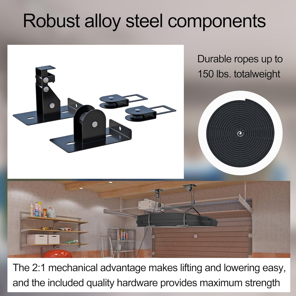 TRUSOON Ceiling Storage Hoist for Cargo Box - Heavy Duty Garage Storage Lift - Garage Pulley Lift System for Rooftop Carriers, Holds up to 150 lbs Capacity and Fit 10-14 Foot Tall Garage Ceilings