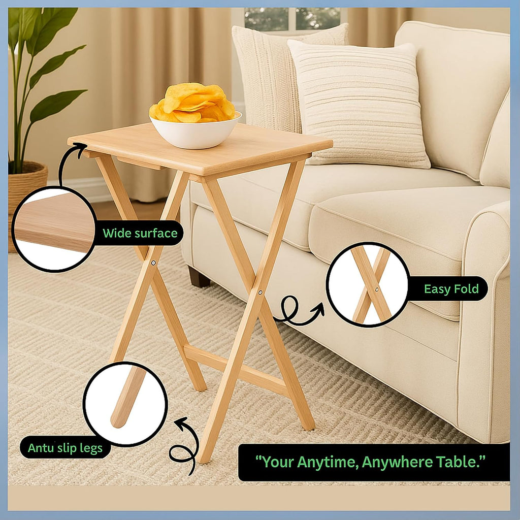 2-Piece Solid Wood TV Tray Table Set | Foldable Snack & Laptop Desk | Portable Folding Dinner Side Table | Space Saving | Natural Finish