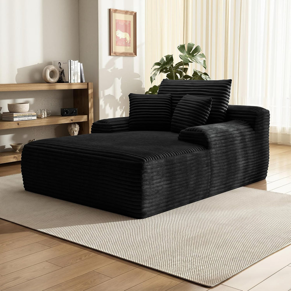 65'' Chaise Lounge Chair Indoor, Black Corduroy Sofa Bed, Lounge Chai...