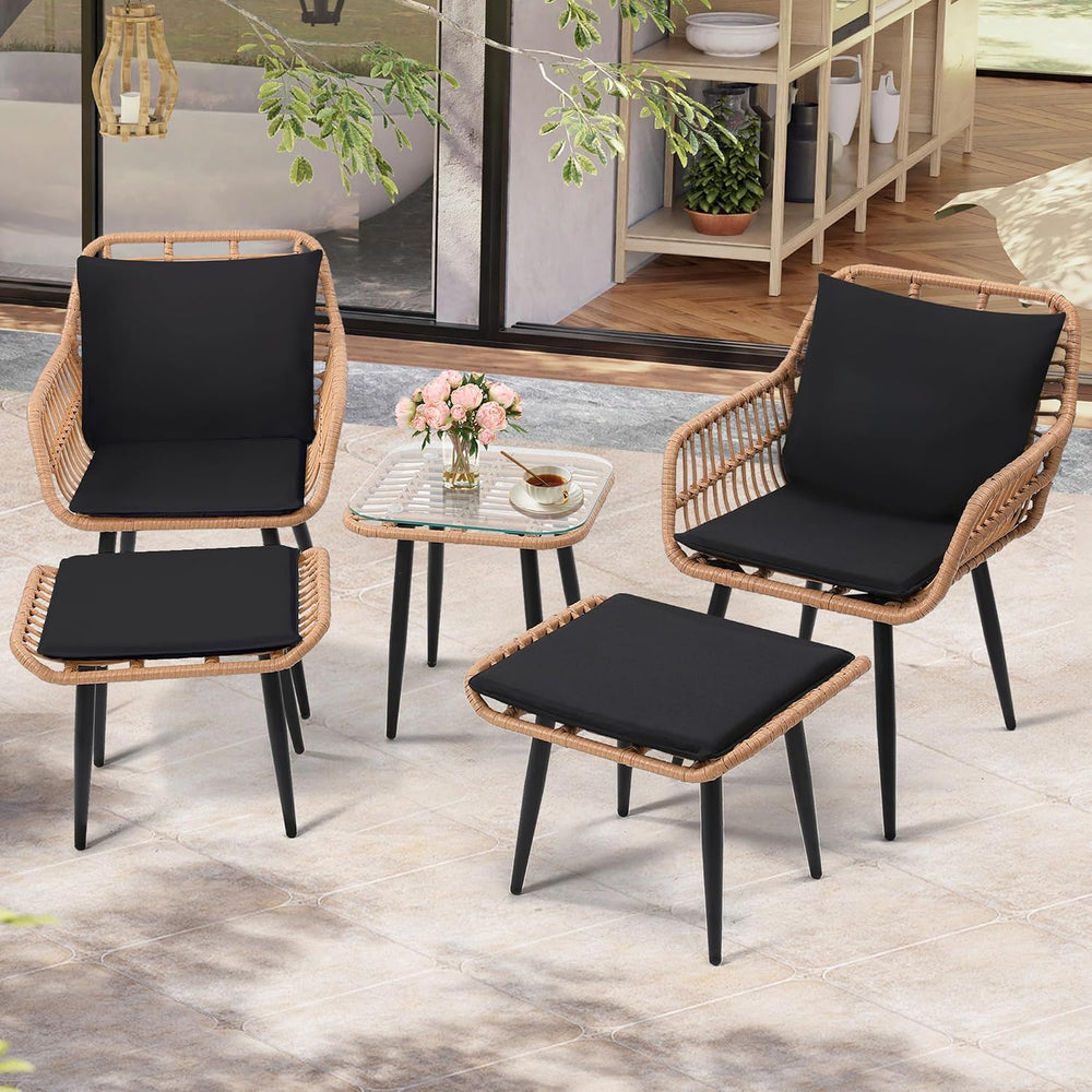 KROFEM 5 Piece Wicker Bistro Patio Conversation Furniture Set, Natural