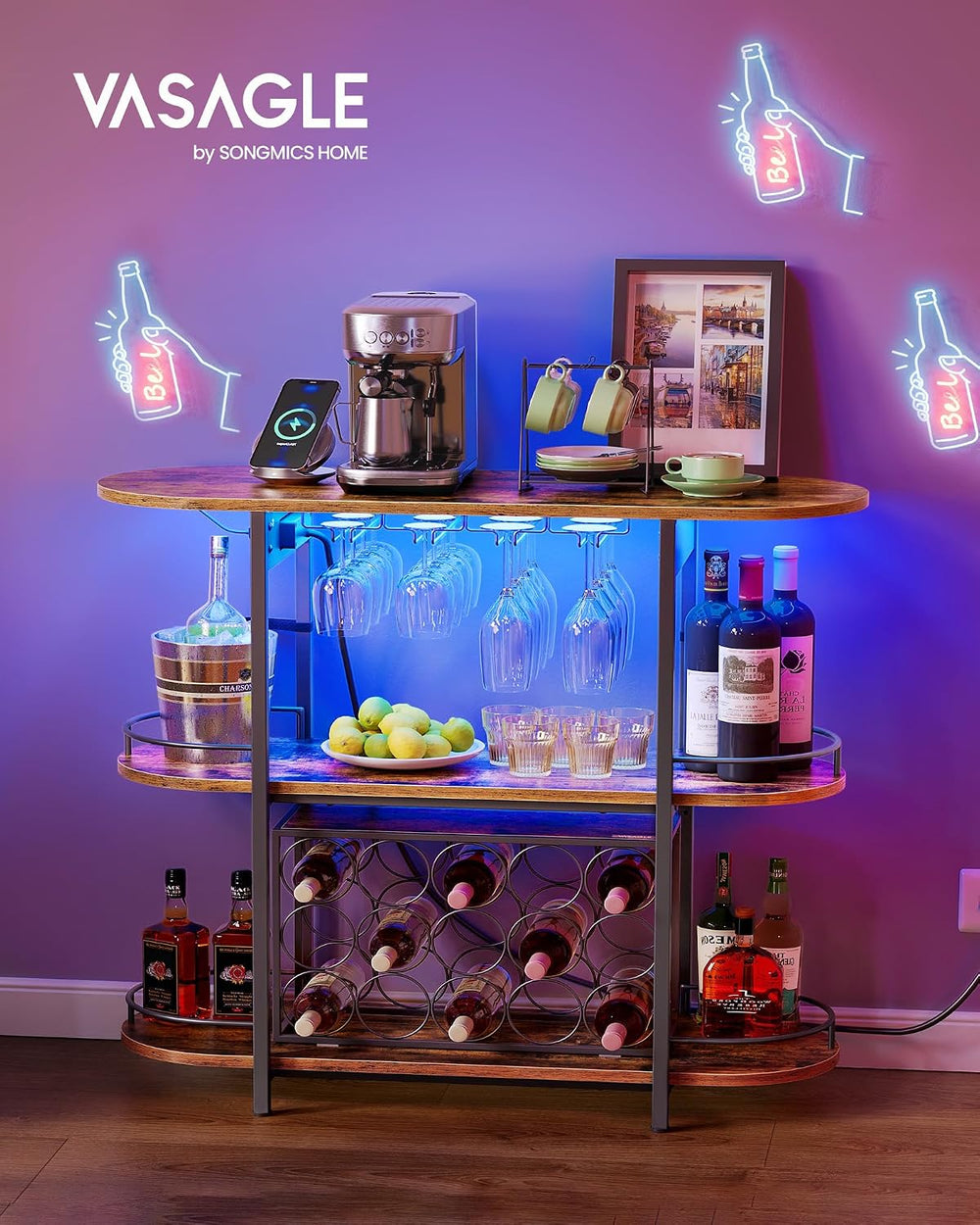 VASAGLE Bar Cabinets for Home, LED Coffee Bar with Power Outlets | Mini Bar f...