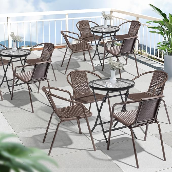 VINGLI Plastic Stackable Patio Chairs, Set of 4, Brown