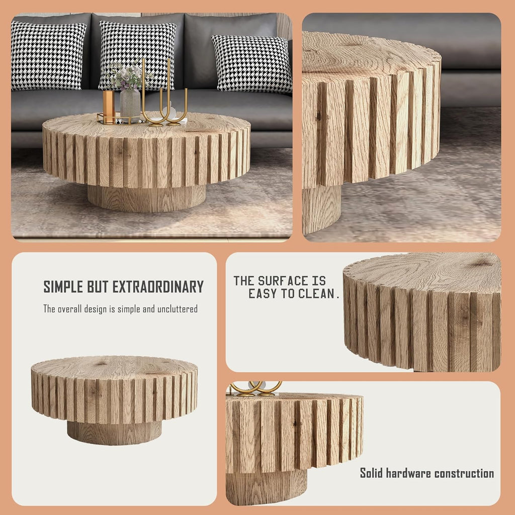 Round Wood Coffee Table for Living Room Modern Rustic Fluted Solid Wood Coffee Table Pedestal Center Table Circle Tea Tables for Apartment Easy Assembly(31.5''Oak Natural)