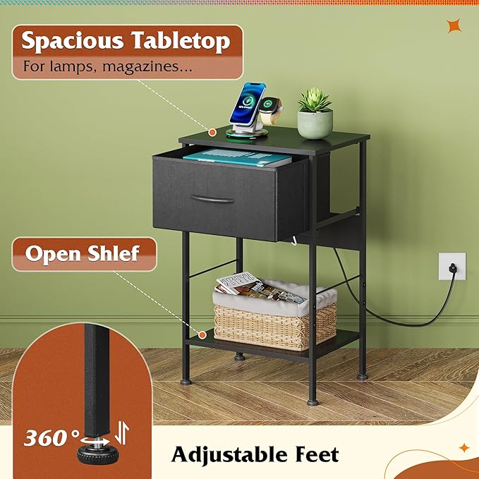 WLIVE Night Stand with Charger Station, Small Nightstand with 1 Fabric Drawer...
