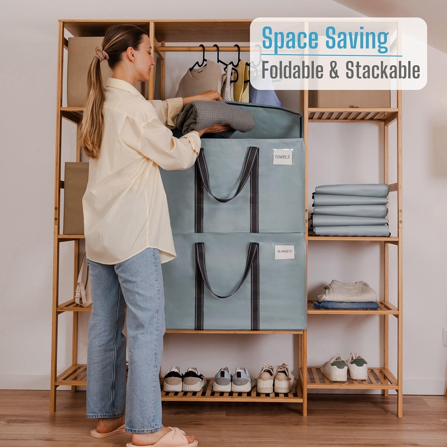 VENO 4 Pack Moving Bags and Large Christmas Storage Bins with lids. Alternative to Moving Boxes, Packing Supplies for College. Extra Large Heavy Duty Totes for Packaging (Light Blue Matte, 4 Pack)