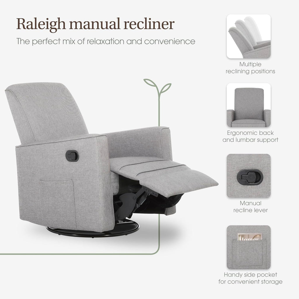 Evolur Raleigh Upholstered Manual Glider Recliner– Rocking & 360° Swivel with Smooth Glide – Greenguard Gold & FSC Certified – Modern Nursery and Living Room Chair in Light Grey