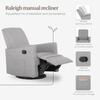 Evolur Raleigh Upholstered Manual Glider Recliner– Rocking & 360° Swivel with Smooth Glide – Greenguard Gold & FSC Certified – Modern Nursery and Living Room Chair in Light Grey