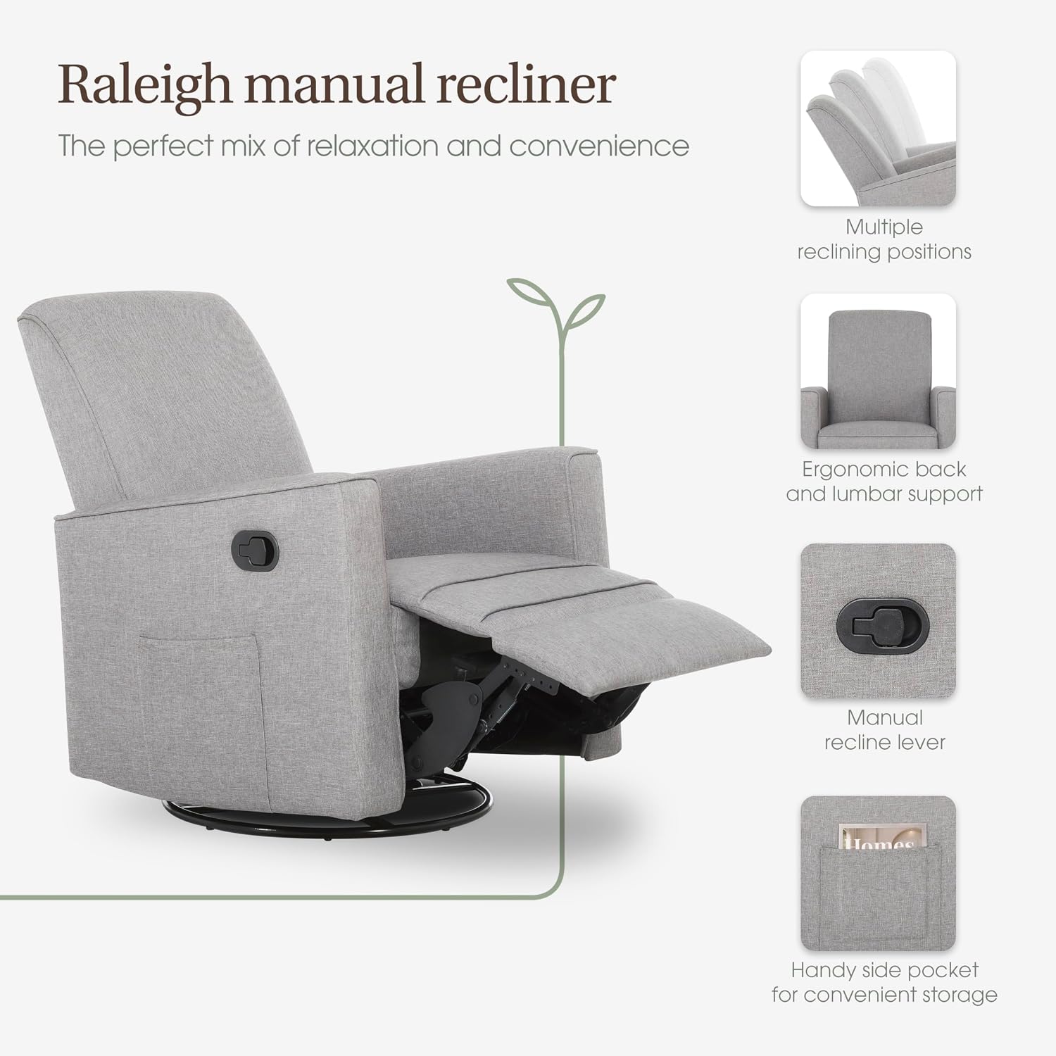 Evolur Raleigh Upholstered Manual Glider Recliner– Rocking & 360° Swivel with Smooth Glide – Greenguard Gold & FSC Certified – Modern Nursery and Living Room Chair in Light Grey