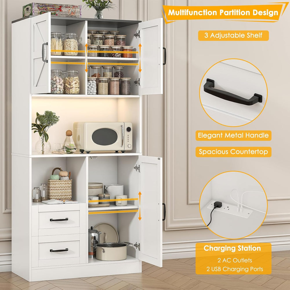 Kitchen Pantry Storage Cabinet with LED Lights and Power Strip, Tall Farmhous...