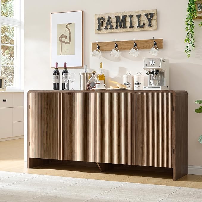 AMERLIFE 63" Fluted TV Stand Media Console Cabinet with Storage, Modern Credenza Entertainment Center with 4 Doors & Adjustable Shelves, Wood Coffee Bar for Living Room, Hallway, Brown